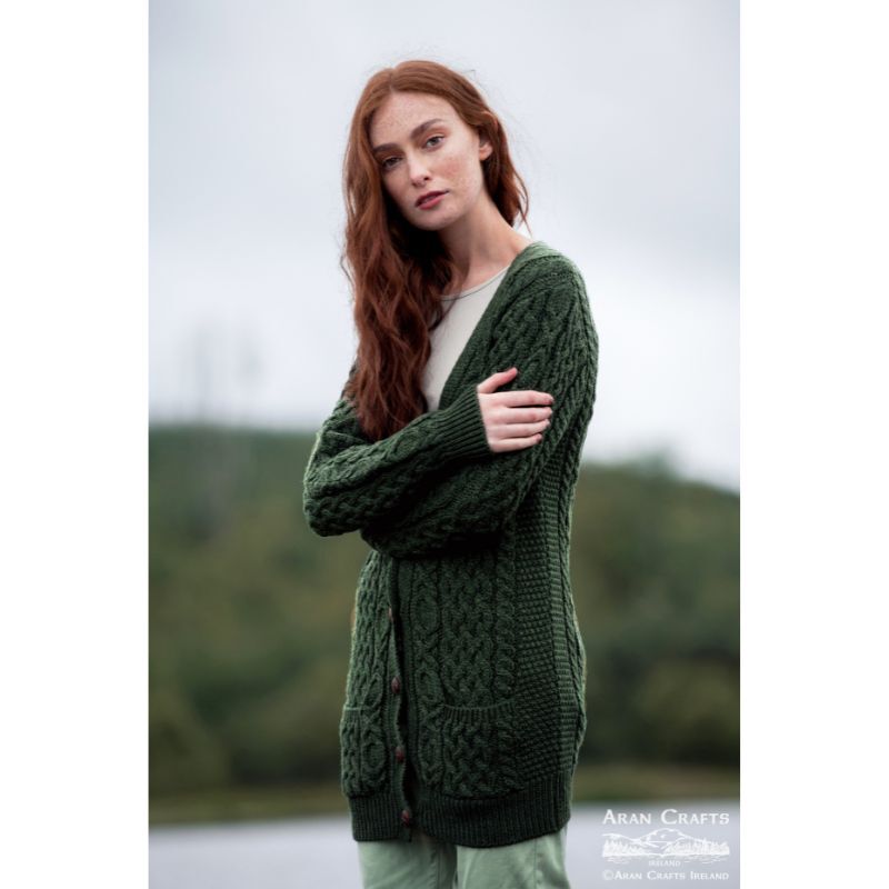 100% Merino Wool Boyfriend V-Neck Cardigan With Buttons, Green Colour